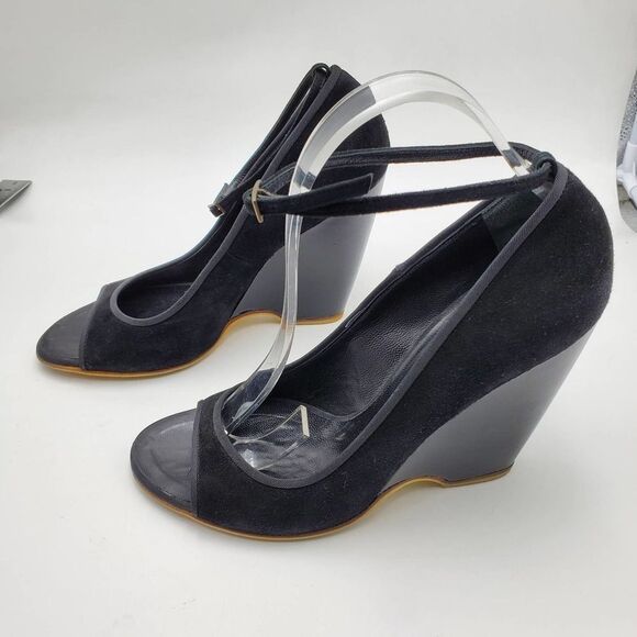 GUISEPPE ZANOTTI DESIGN women 40.5/9.5 black suede & patent wedge open toe heels - Picture 6 of 11